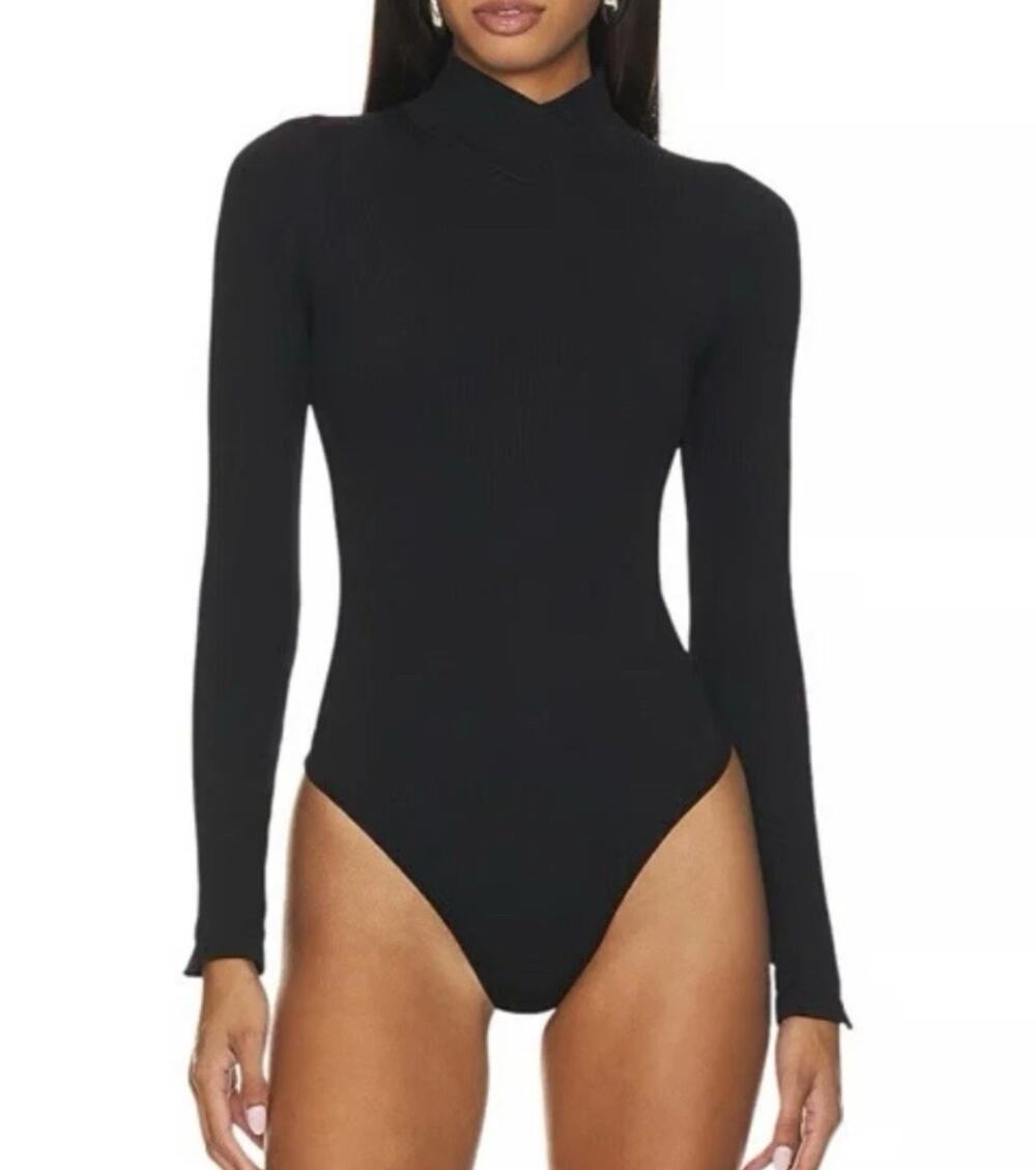 Free People XYZ Ribbed Long Sleeve Turtleneck Bodysuit Black XS / S